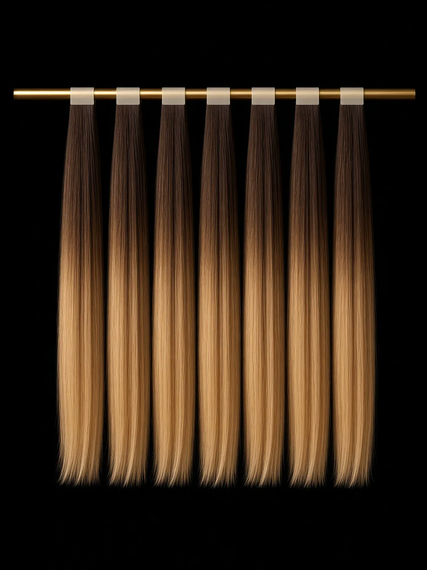 Tape-in extensions with polyurethane tabs on a gold rod