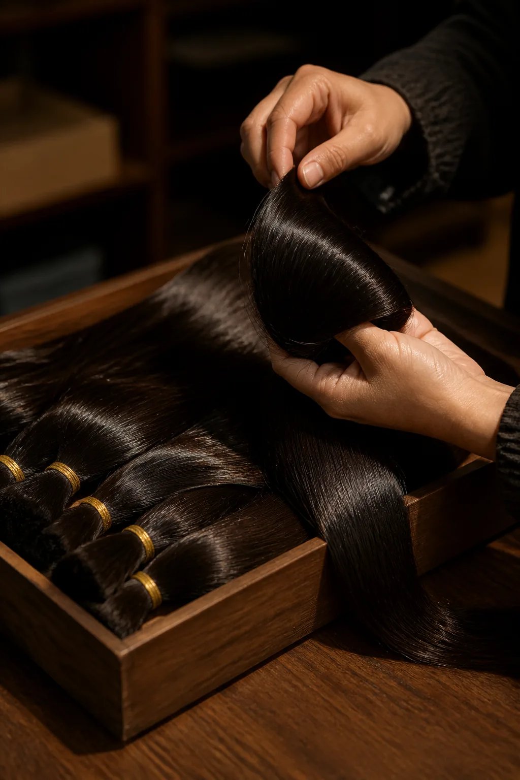 Hands sorting single donor virgin hair in the studio